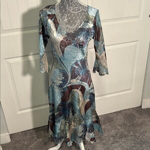 Komarov Blue and Brown Floral Long Sleeve Dress L